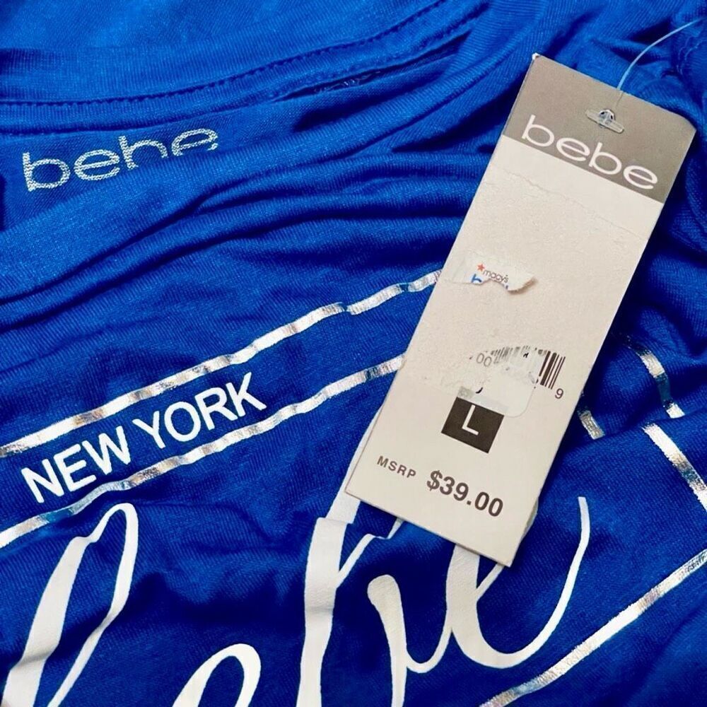NWT Gorgeous bebe New York Sz L Navy Blue Seamless Stretchy Short Sleeve T-Shirt - Picture 5 of 12